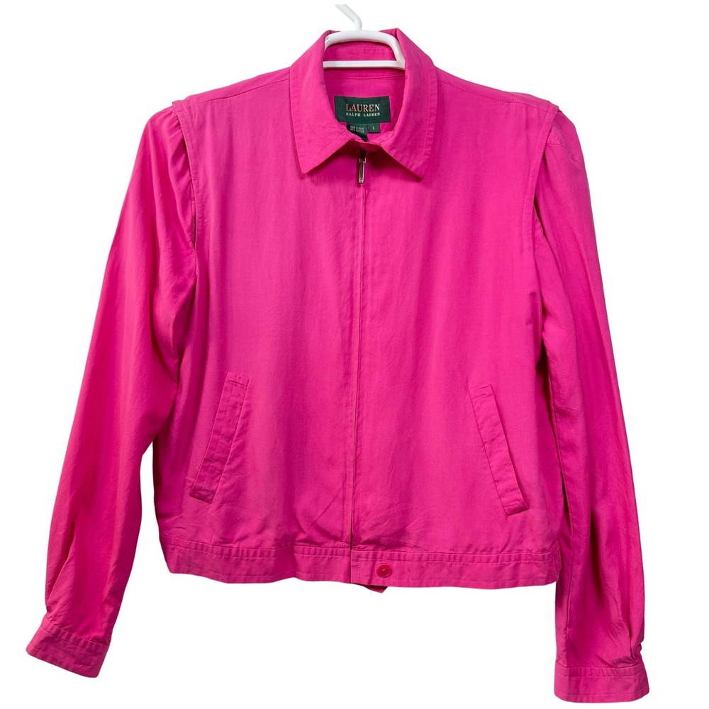 Lauren Ralph Lauren Silk Jacket Point Collar Full Zip Pink Fuchsia Women's‎ L
